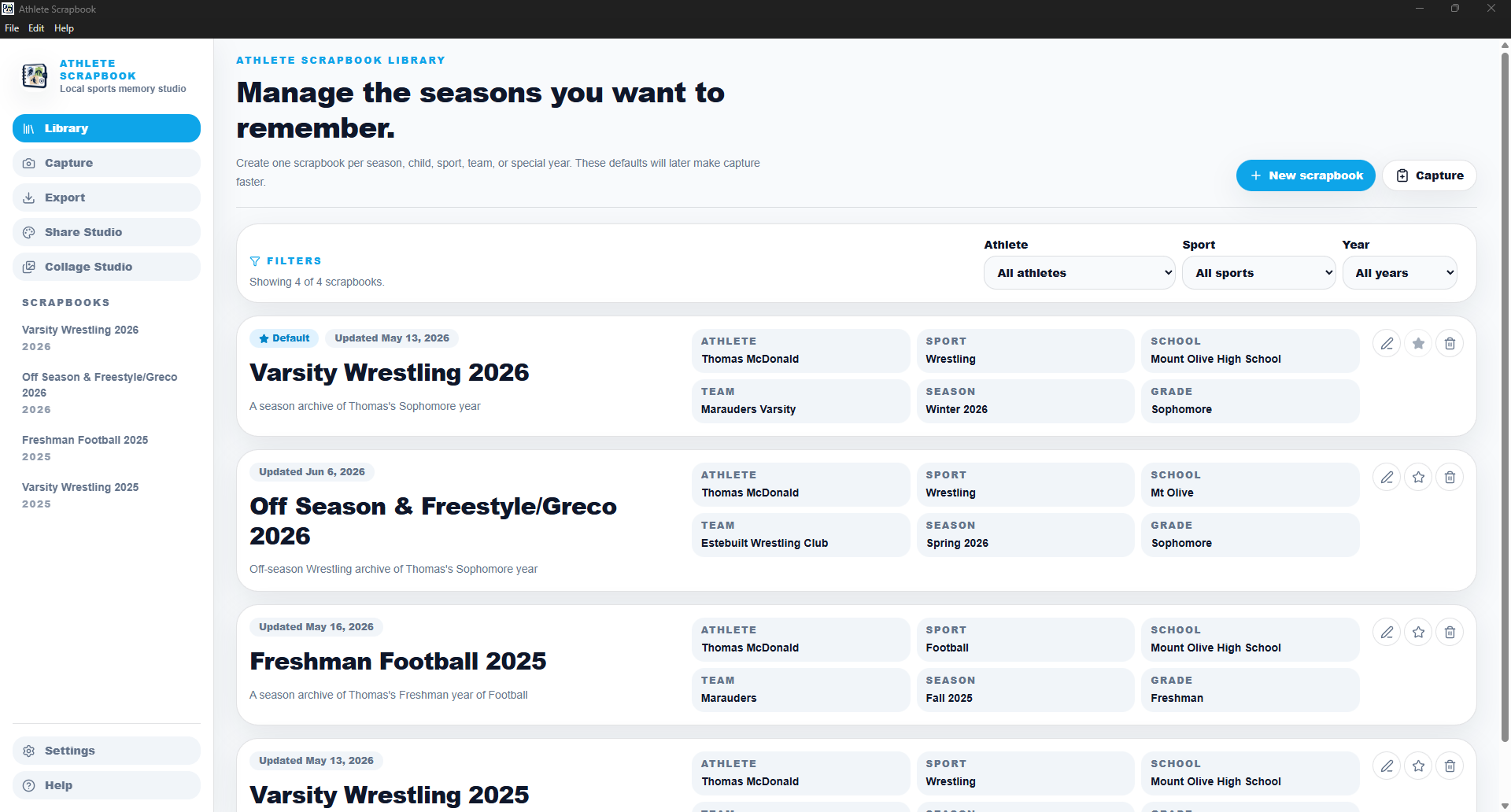 Library screen in Athlete Scrapbook