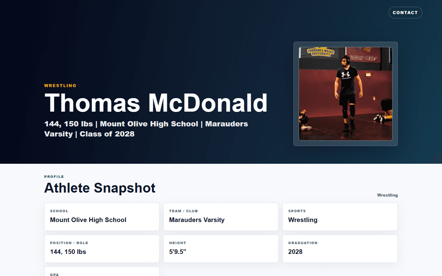 Screenshot of the Thomas McDonald wrestling profile website exported from Athlete Scrapbook